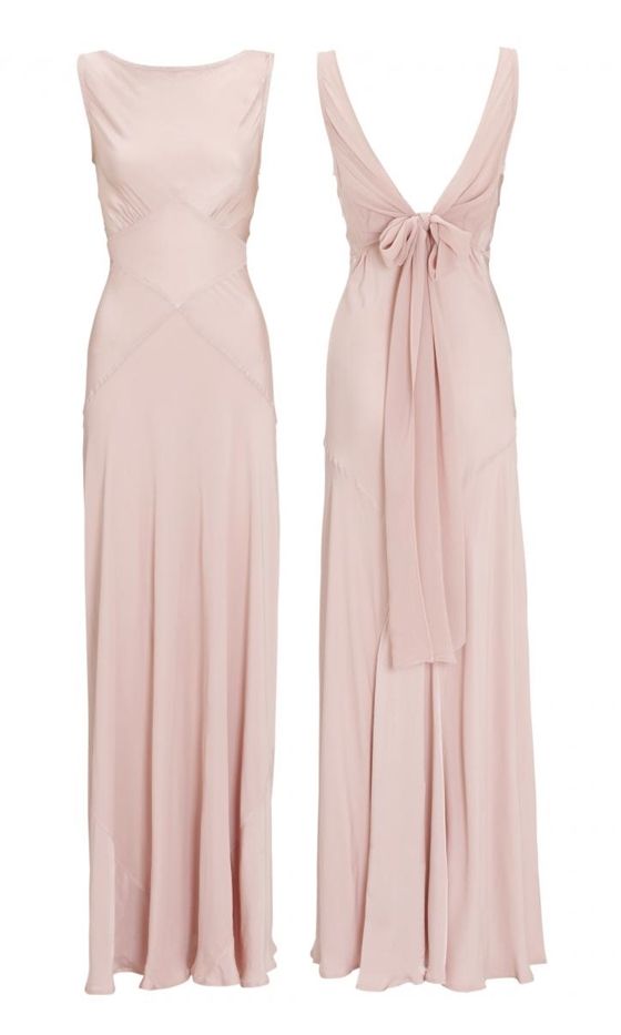 two dresses with ties on the back and one in pink, both worn by a woman