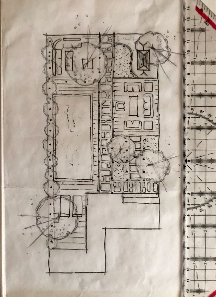 a drawing of a plan for a house with a garden in the center and an adjacent courtyard