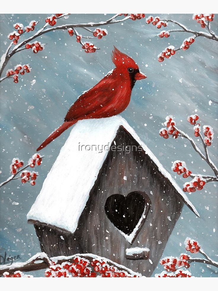 a painting of a cardinal sitting on top of a birdhouse in the snow with red berries