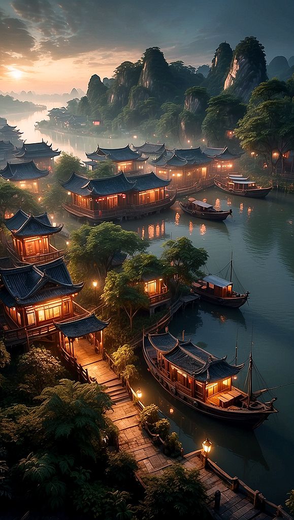 Chinese Fantasy Art Landscape, Japanese Village Art, Fantasy Art Landscape, Dnd Landscape, Night Time Photos, Mountain Temple, Fantasy Village, Japanese Village, Asian Landscape