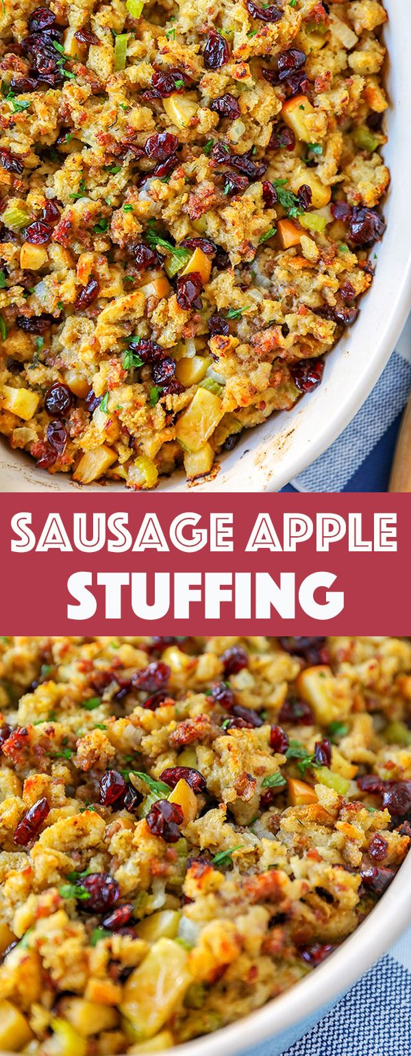 sausage apple stuffing in a white casserole dish with the title text above it