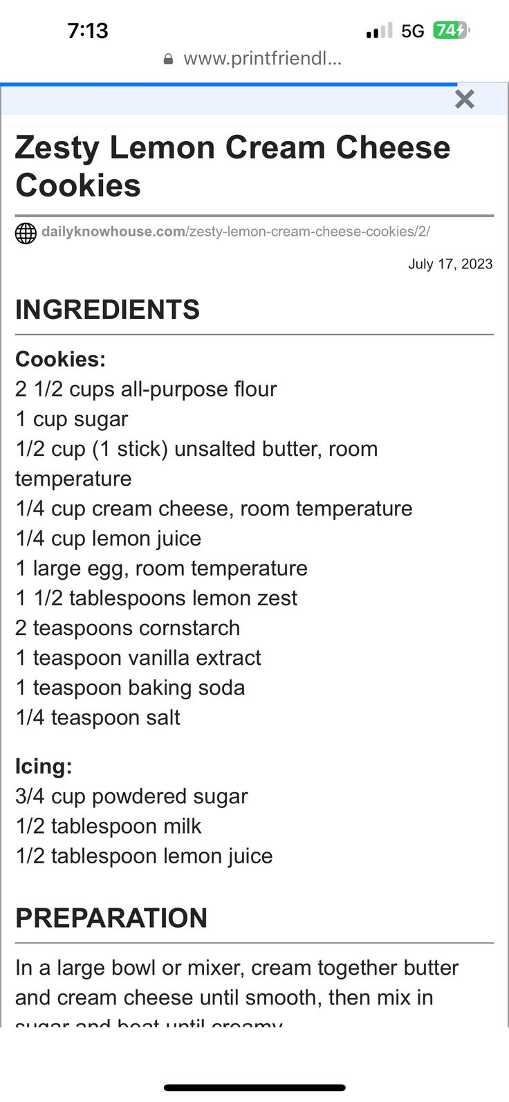 the recipe for zesty lemon cream cheese cookies is shown on an iphone screen, and it