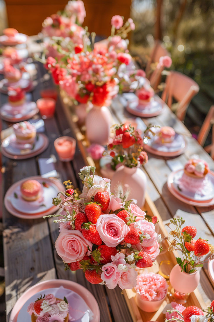 a long table is set with pink and red flowers, plates and vases on it