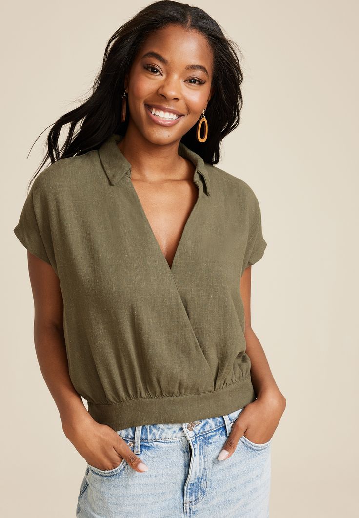 Dolman Surplice Blouse - Materials & Care:imported - 85% rayon 15% linen - machine wash Chic Linen V-neck Top, Relaxed Fit Rayon V-neck Top, Relaxed Fit V-neck Rayon Top, Rayon V-neck Tops For Day Out, V-neck Rayon Tops For Day Out, Collared Rayon Tops For Vacation, Vacation Rayon Collared Tops, Vacation Collared Rayon Tops, Versatile Collared Rayon Blouse