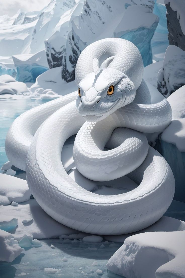 a white snake wrapped around an iceberg