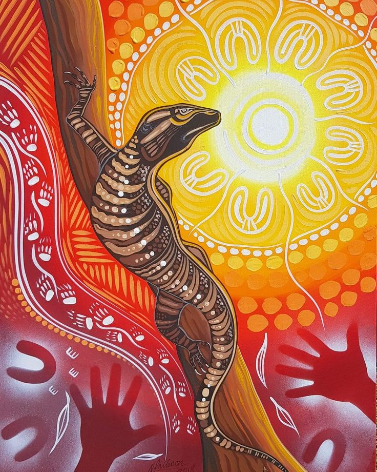 a painting of a lizard on a tree branch with the sun in the background