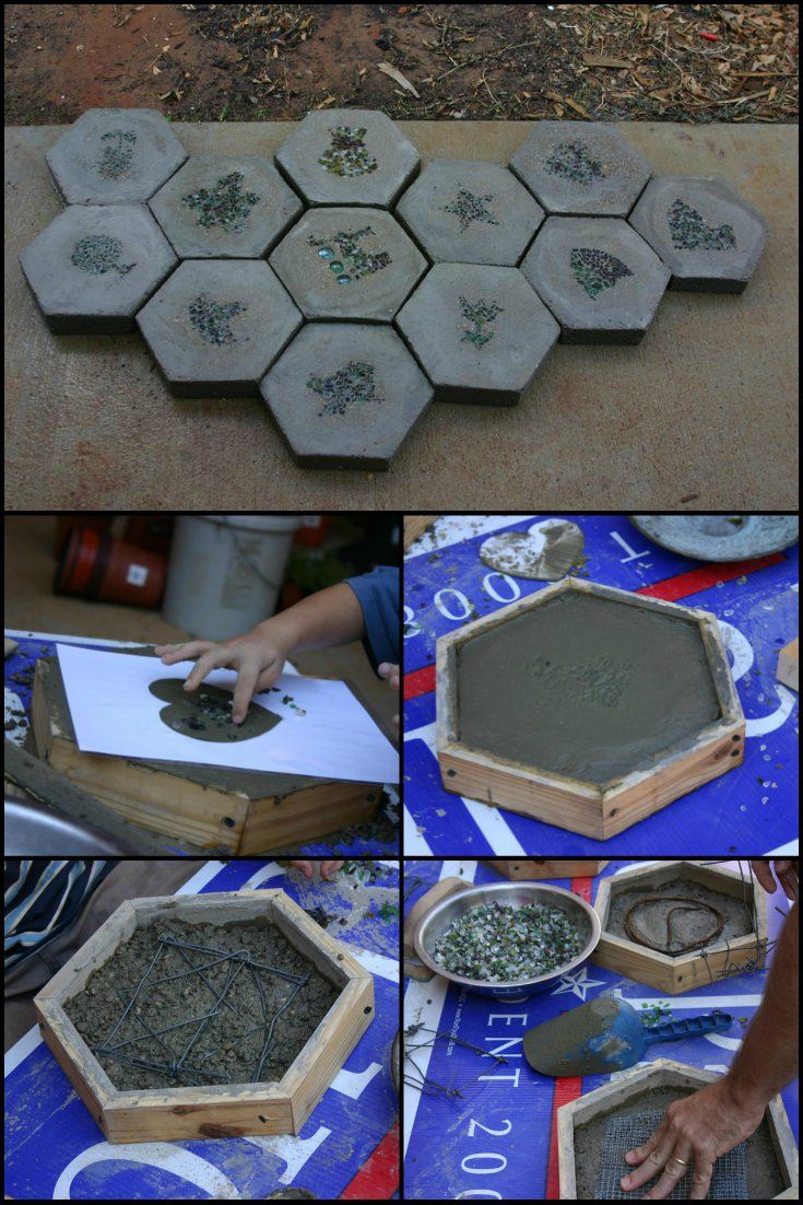 four pictures showing different stages of making cement hexagons