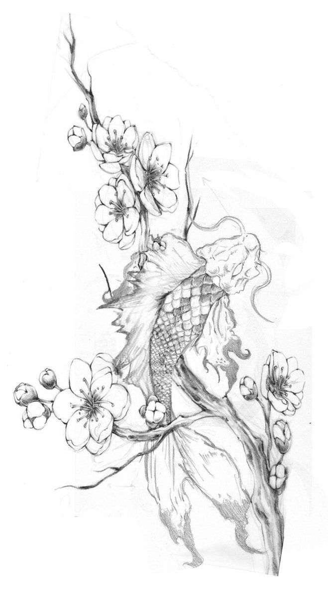 a pencil drawing of a fish on a branch with flowers