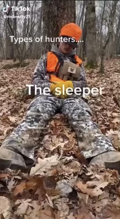 a man sitting in the leaves with an orange hat on and text that reads, types of hunters the sleeper