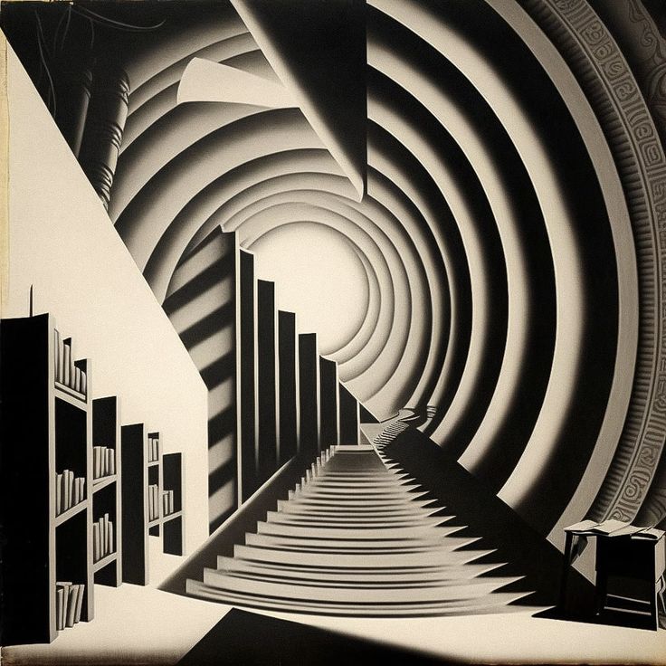 an abstract black and white painting with bookshelves in the center, surrounded by lines