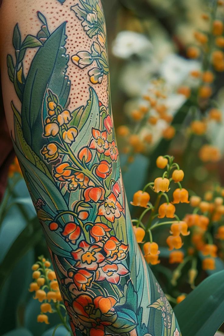 a woman's arm with flowers and leaves on it, in front of some plants