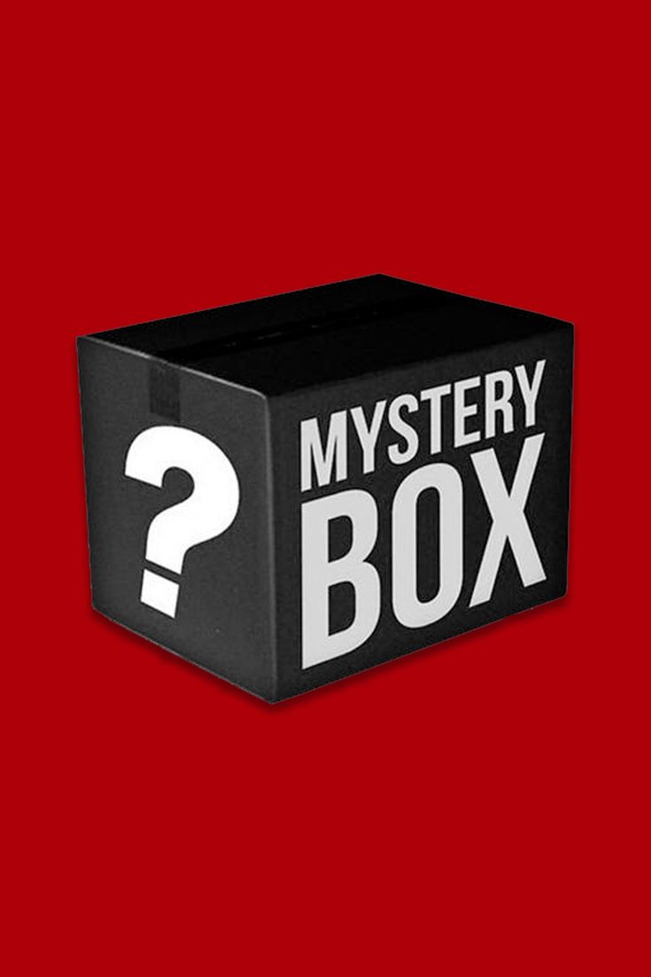 a mystery box with a question mark on the front and back side, against a red background