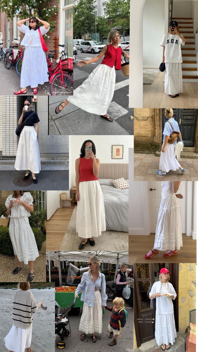 White Prairie Skirt Outfit, White Layered Skirt Outfit, White Peasant Skirt Outfit, Long Ruffle Skirt Outfit, Maxi Skirt Styling, White Skirt Outfit Summer, Tiered Skirt Outfit, White Maxi Skirt Outfit, Long Ruffle Skirt