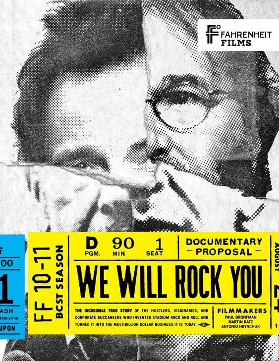 an advertisement for we will rock you, with the image of a man in glasses