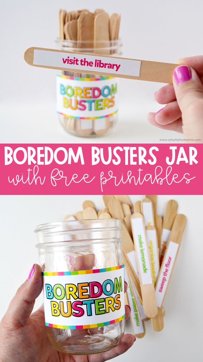 a person holding a jar with toothpicks in it and the words boredom busters jar