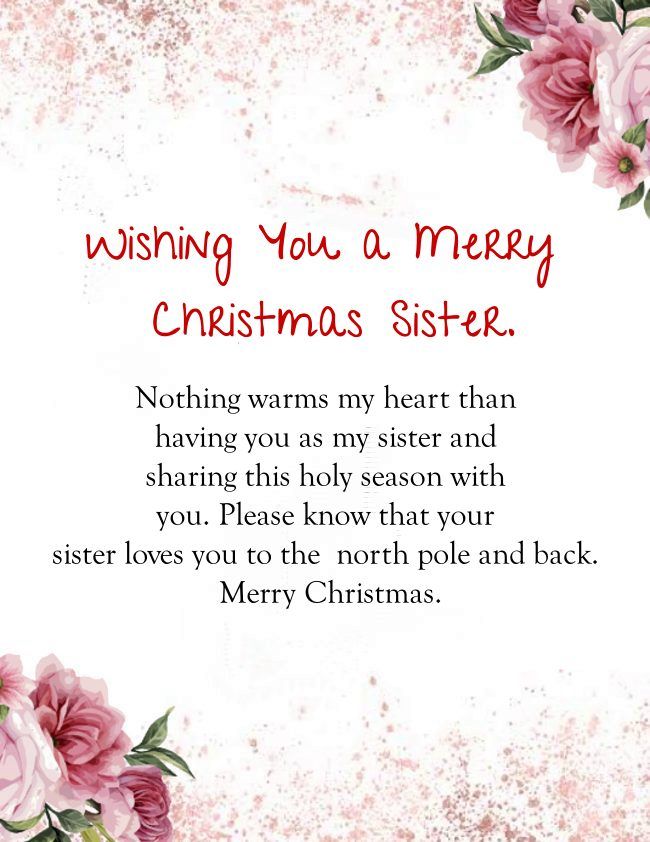 a christmas card with pink flowers on the bottom and merry message in red lettering above it