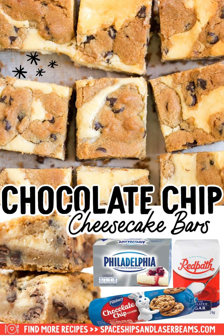 chocolate chip cheesecake bars stacked on top of each other with text overlay that reads, chocolate chip cheesecake bars