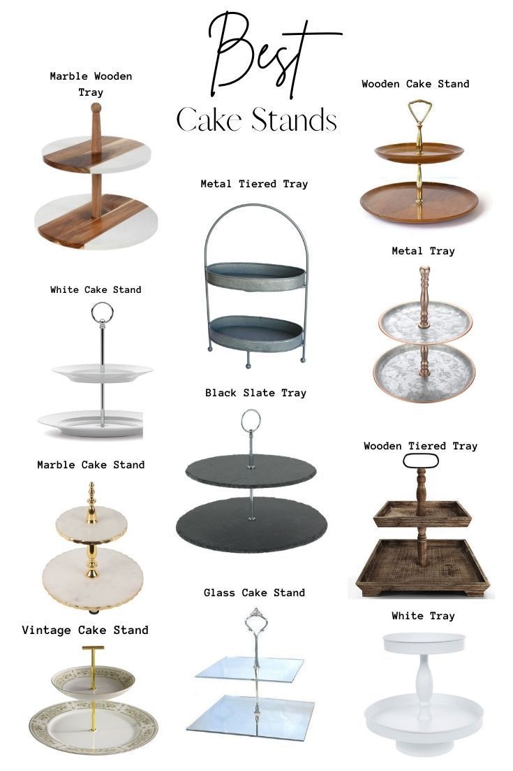 different types of cake stands are shown in this image, with the names below them