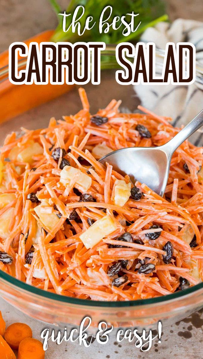 carrot salad in a glass bowl with text overlay that reads carrot salad quick and easy