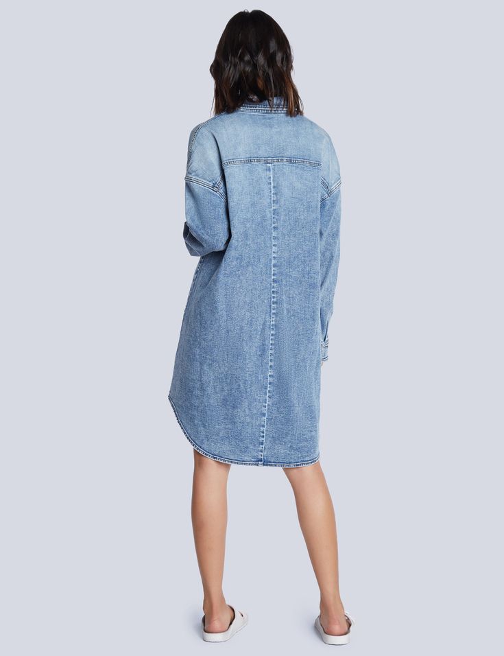 This utility shirtdress is cut from stretchy denim and meant to be worn whenever you're feeling extra-cute and carefree - AKA, everyday! Summer Denim Shirt Dress In Medium Wash, Casual Washed Chambray Denim Dress, Trendy Light Wash Long Sleeve Denim Dress, Relaxed Fit Denim Dress With Frayed Hem, Trendy Long Sleeve Light Wash Denim Dress, Long Sleeve Medium Wash Denim Dress For Day Out, Casual Washed Indigo Denim Dress, Casual Washed Blue Chambray Denim Dress, Medium Wash Chambray Denim Dress