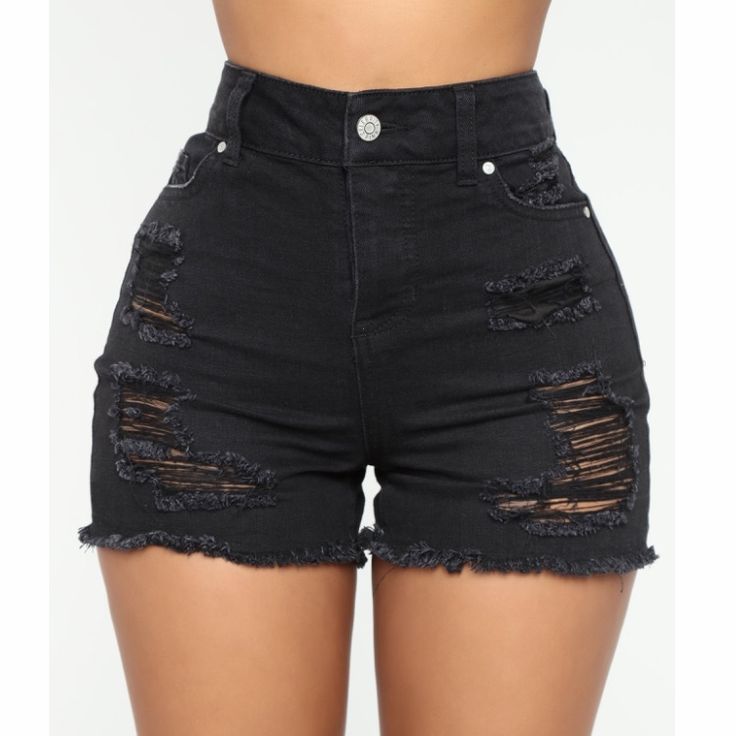 Trendy High Rise Distressed Black Jean Shorts From Fashionnova Brand New Size 5 Distressed High Waisted Shorts, Smart Casual Women, Trousers Women Wide Leg, Fest Outfits, Black High Waisted Shorts, Summer Shorts Outfits, Look Short, Jeans For Short Women, Fashion Nova Jeans