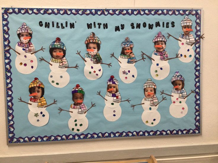 a bulletin board with snowmen on it in front of a blue background that says chillin'with my snowmen