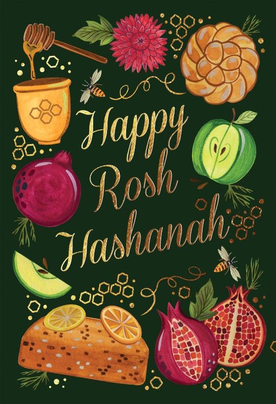 happy rosh hashanah card with pomegranates and fruits