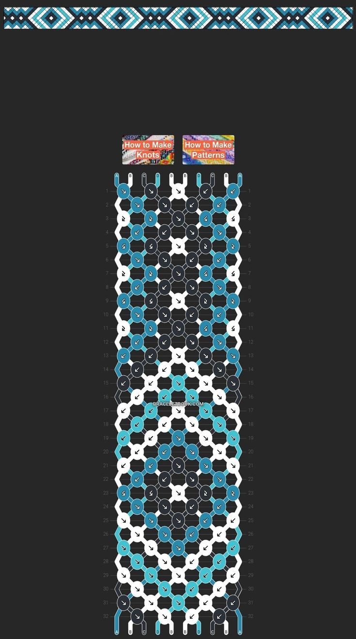 a cross stitch pattern with blue, white and black designs on it's side