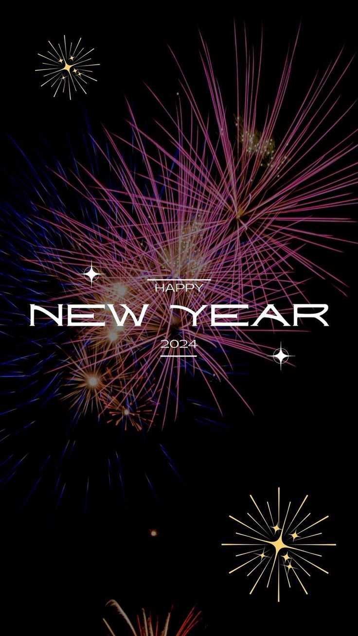 fireworks with the words happy new year written in white on top of it and an image of