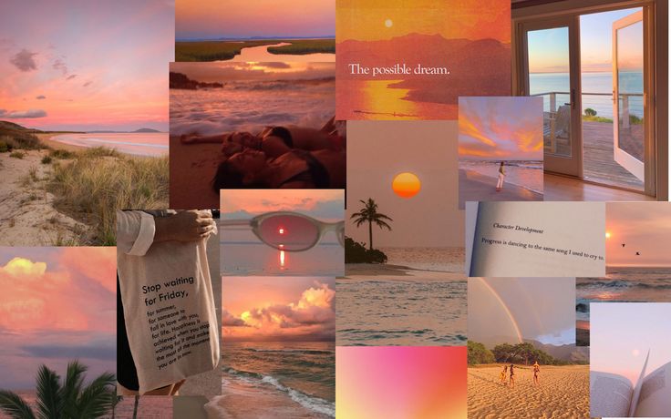 a collage of photos with the words, beach scenes and sunsets in them