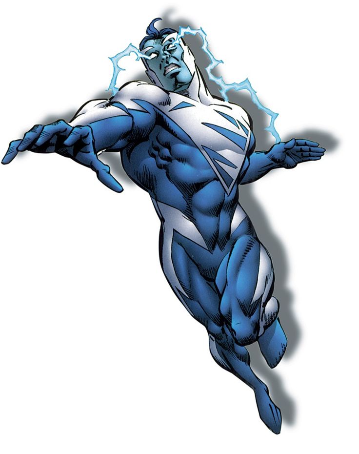 a drawing of a man in blue and white with lightning coming out of his chest