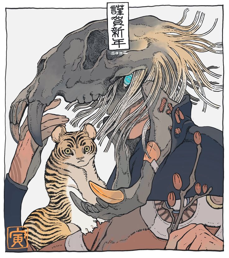 an illustration of a tiger attacking a man with his head in the air and another animal on its back