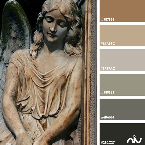 the color scheme is brown, gray and white with an angel statue in front of it