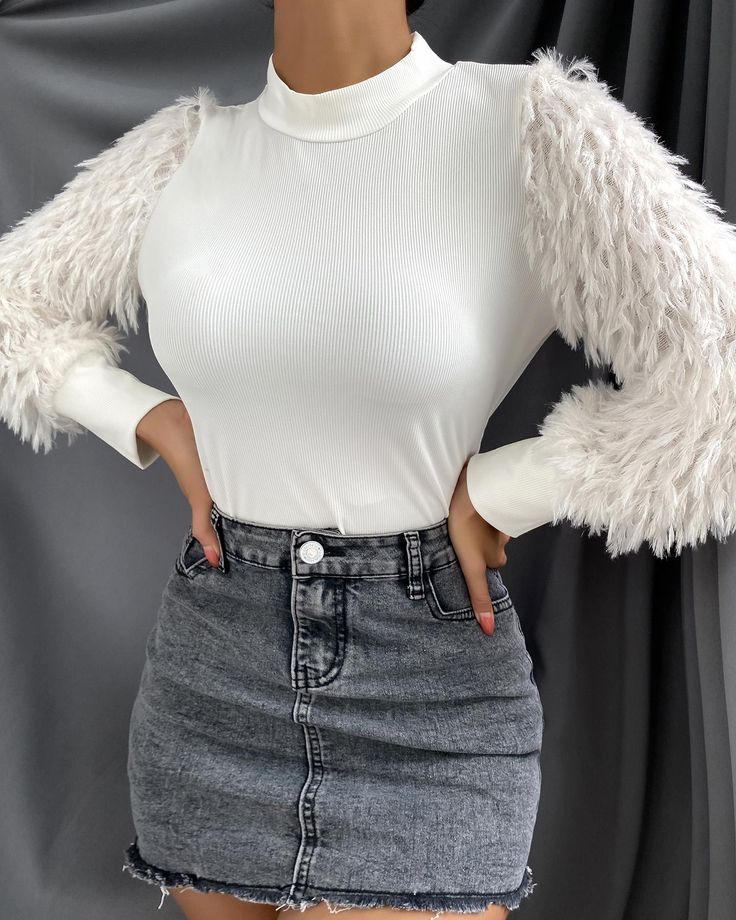 Mock Neck Fluffy Long Sleeve Sweater P4001845502 Hottest Fashion Trends, Sweaters Online, Sweater Material, Chic Me, Trend Fashion, Sleeve Sweater, Long Sleeve Sweater, Mock Neck, Leather Skirt