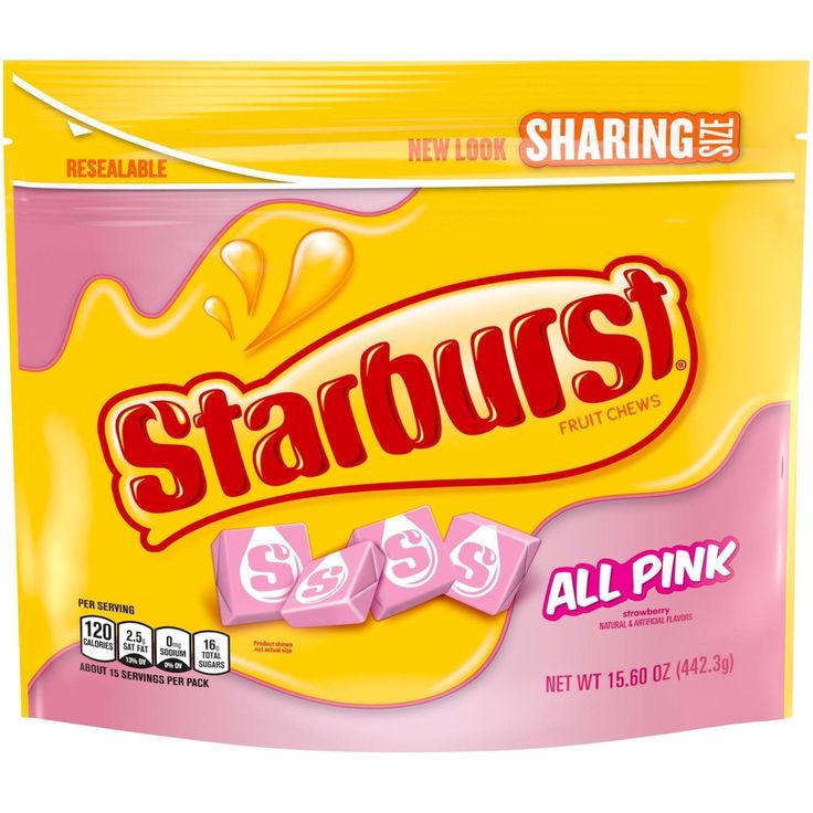 starburst all pink candy bar on a white background with the word's written in