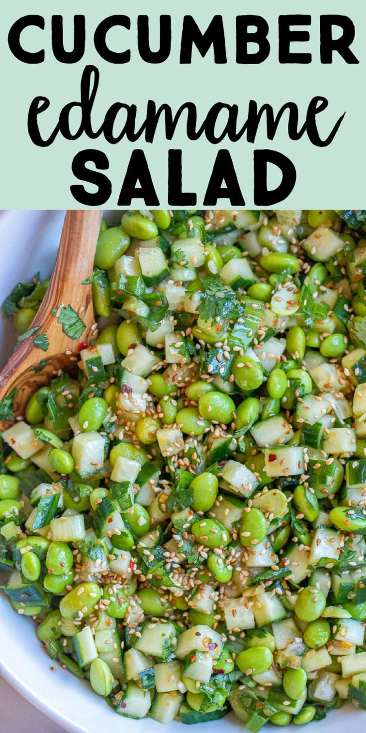 a white bowl filled with cucumber and edamame salad