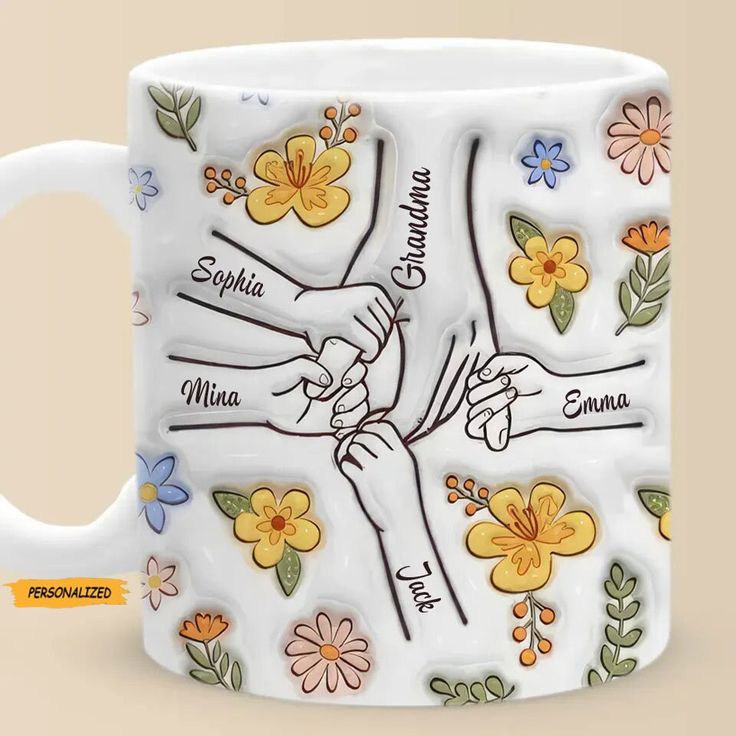 a ceramic coffee mug with flowers and hands on the front, which are written in different languages