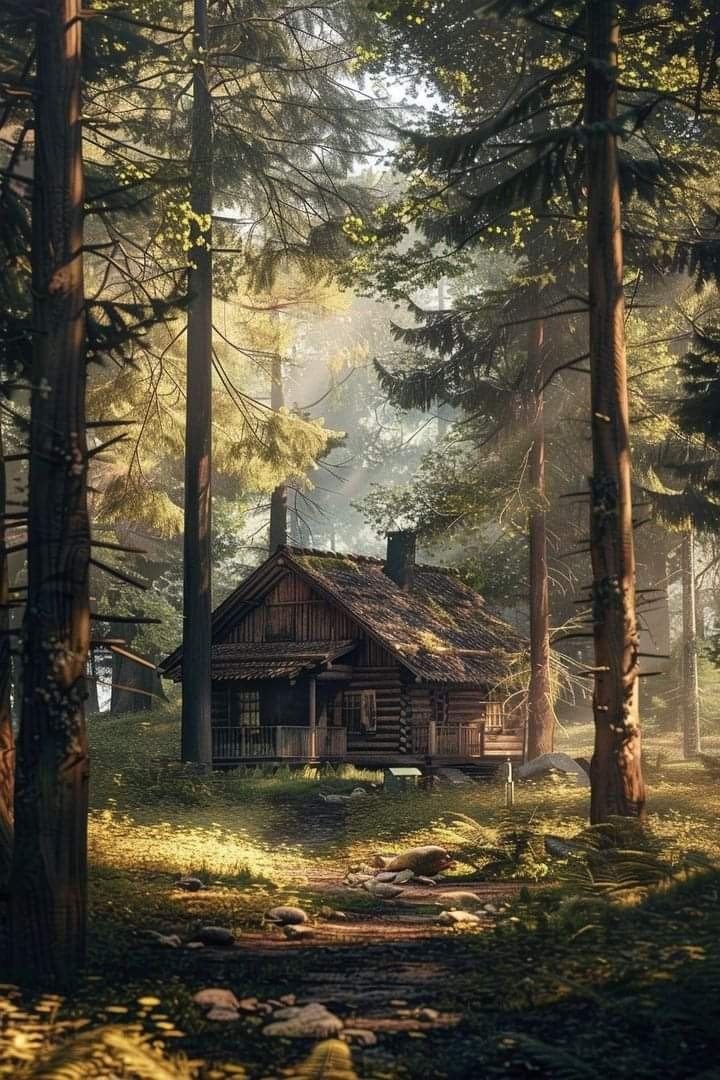 a cabin in the middle of a forest with trees and rocks on the path leading to it