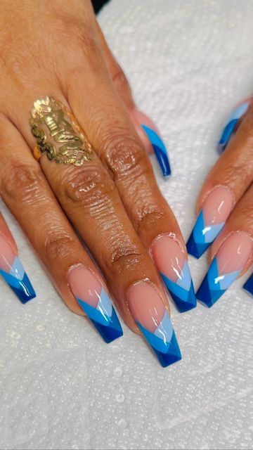 Mood Changing Nail Polish Design, Fancy Blue Nail Designs, Colorful Nail Art Designs, Blue Tip Acrylic Nails, Blue French Nail Designs, French Tip Color Nails, Caribbean Nails Designs, Fancy Acrylic Nails, Colorful Nails Acrylic