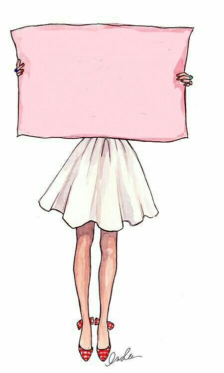 a drawing of a woman holding a pink sign in front of her face with both hands