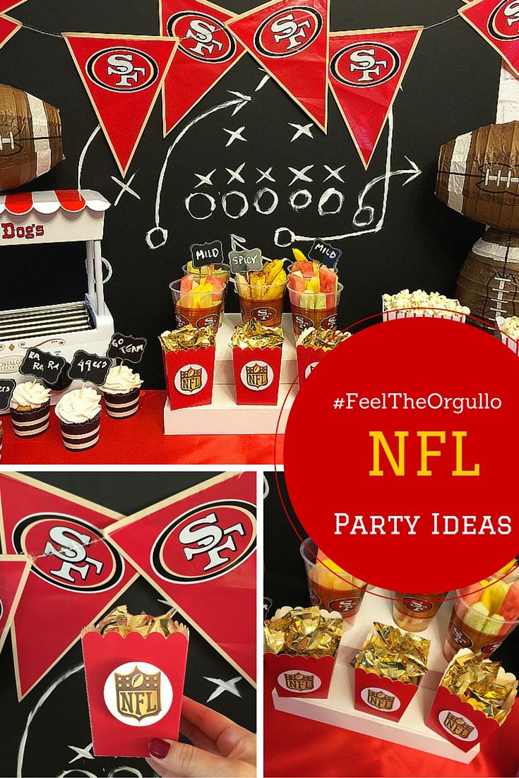 a football themed party with red and black decorations, food and desserts on the table