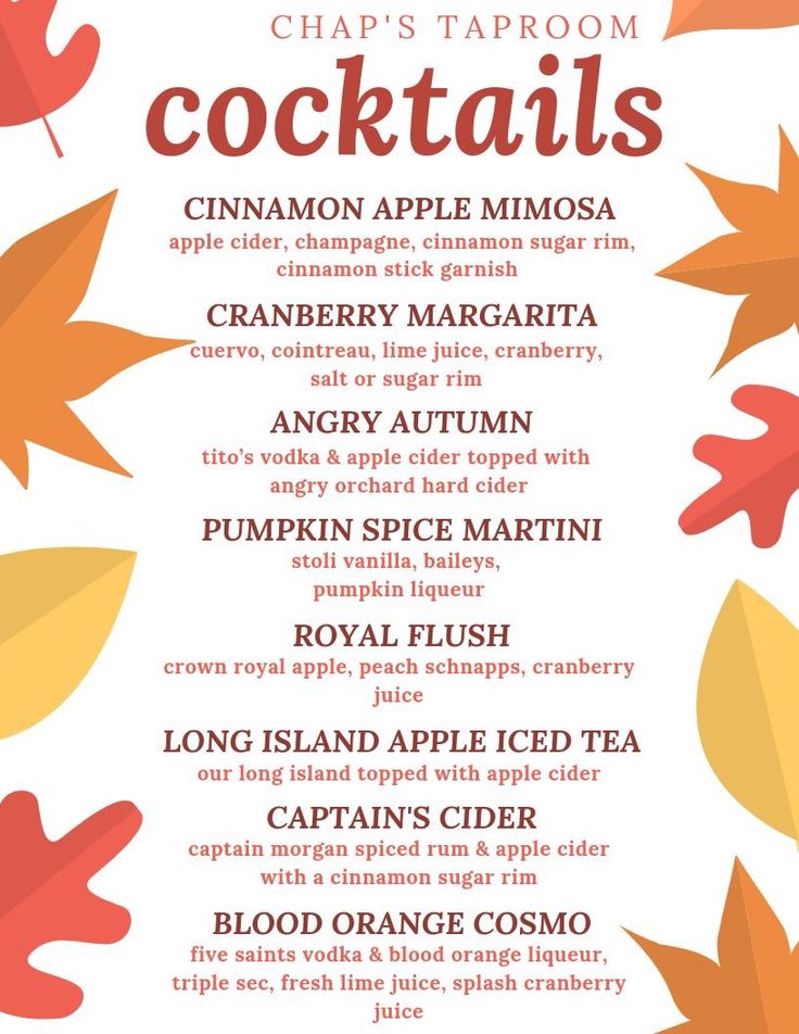 a menu with autumn leaves on it and the words cocktails written in different languages