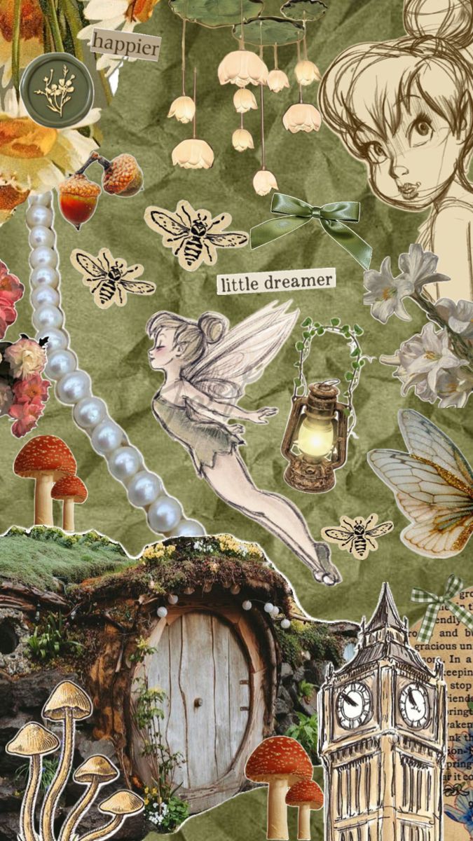 an altered collage with fairy images, mushrooms, and other things in the background