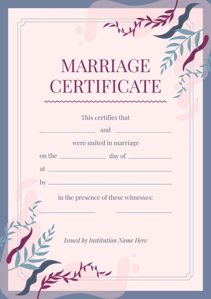 a marriage certificate with flowers and leaves on the front, in blue and pink colors