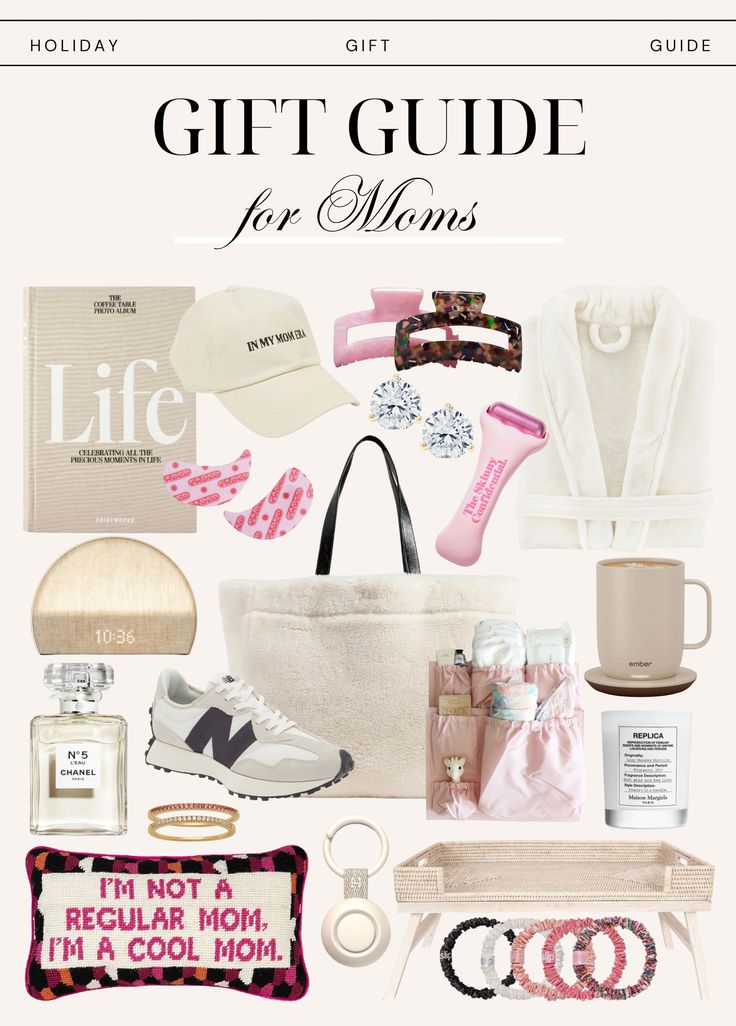 the gift guide for mom's is displayed on a white background with pink accessories