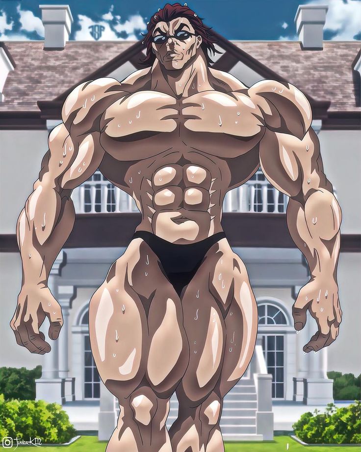 an animated image of a muscular man standing in front of a large house with his hands on his hips