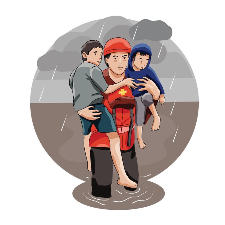 a man holding two children in his arms while standing in the rain with an umbrella