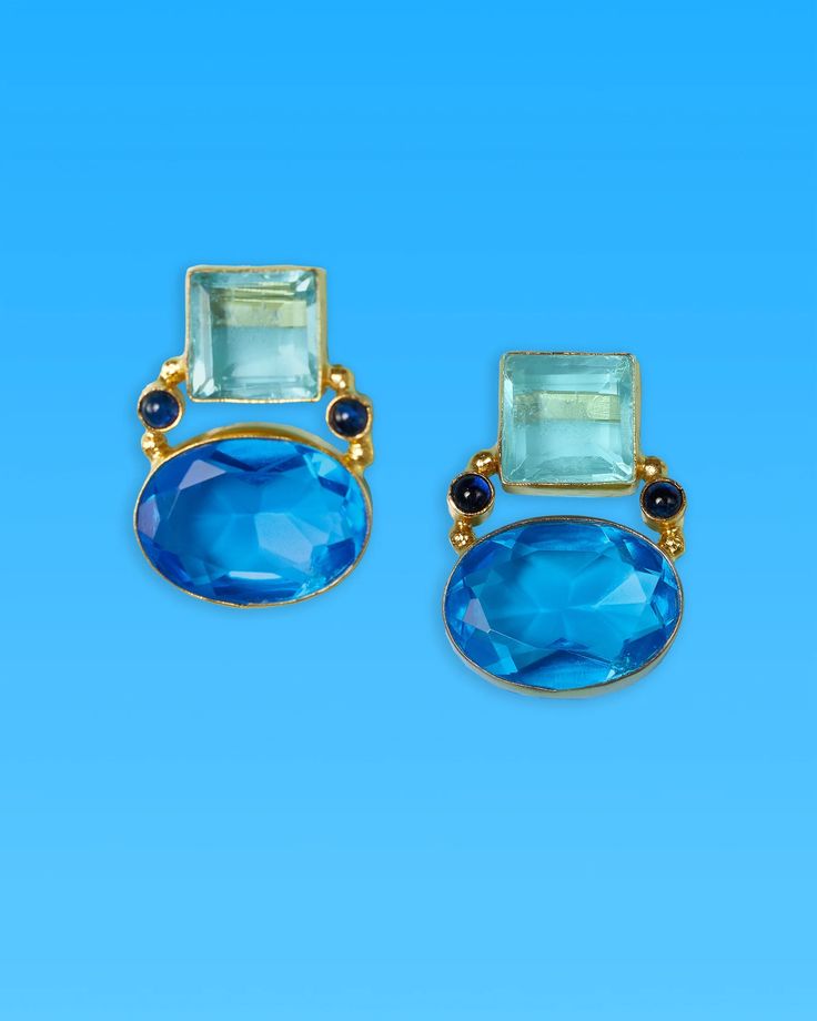 Our Berkley Geometric Earrings are reminiscent of clear, crystal blues of Bermuda waters. • Post fastening for pierced ears • Gold plated • Faceted blue turquoise and purple glass • Width: 0.75"; length: 1" • 0.2 oz • Zinc free Casual Luxe, Turquoise And Purple, Cote D’azur, Purple Glass, Geometric Earrings, Blue Turquoise, Pierced Ears, Turquoise Blue, Blue Glass