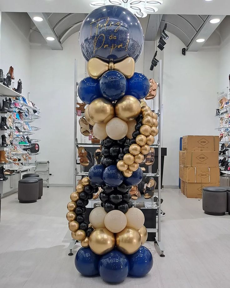 balloons are stacked on top of each other in a room filled with shelves and boxes