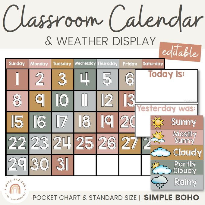 the classroom calendar and weather display is shown in this printable version, which includes two different